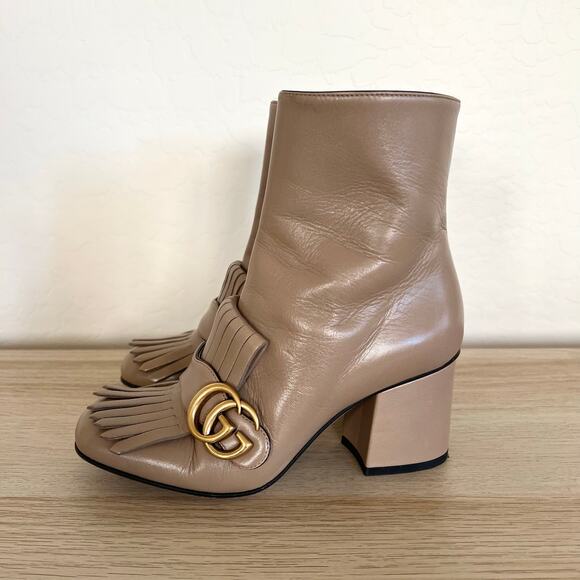 Gucci GG Marmont Fringe 75mm Ankle Boots 35 Mud Leather Block Heel - Picture 2 of 13